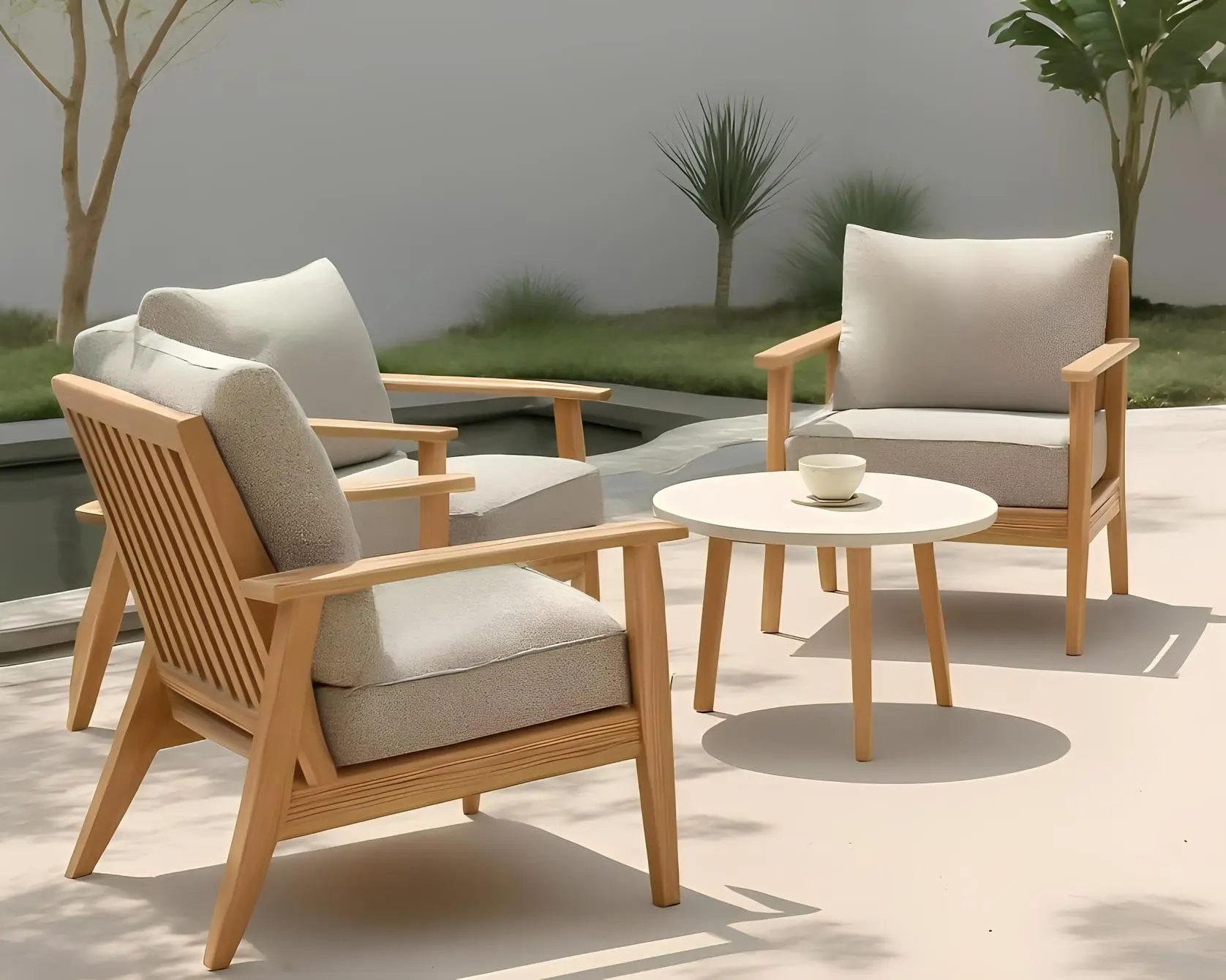 Outdoor lounge chairs with textured Regency fabric.