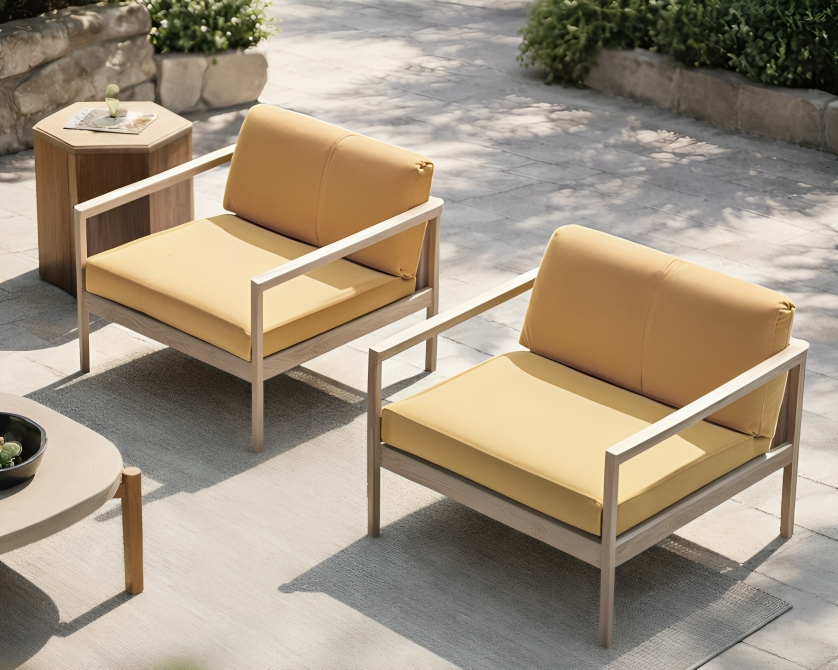 Yellow outdoor chairs with Regency outdoor upholstery.